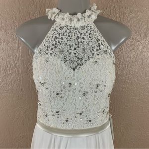 NEW JJs House White Grecian Neckline Floral Beaded Wedding Gown